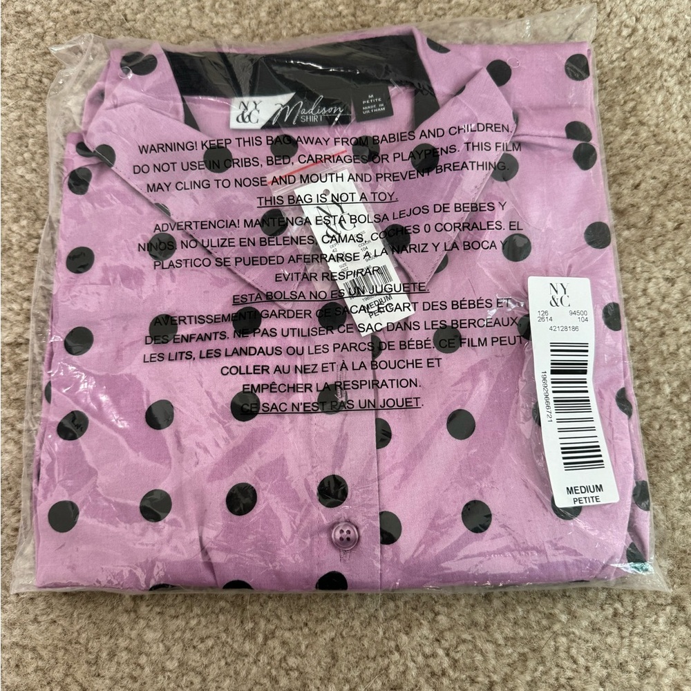 New York & Company women’s lilac polka dot Madison shirt medium petite